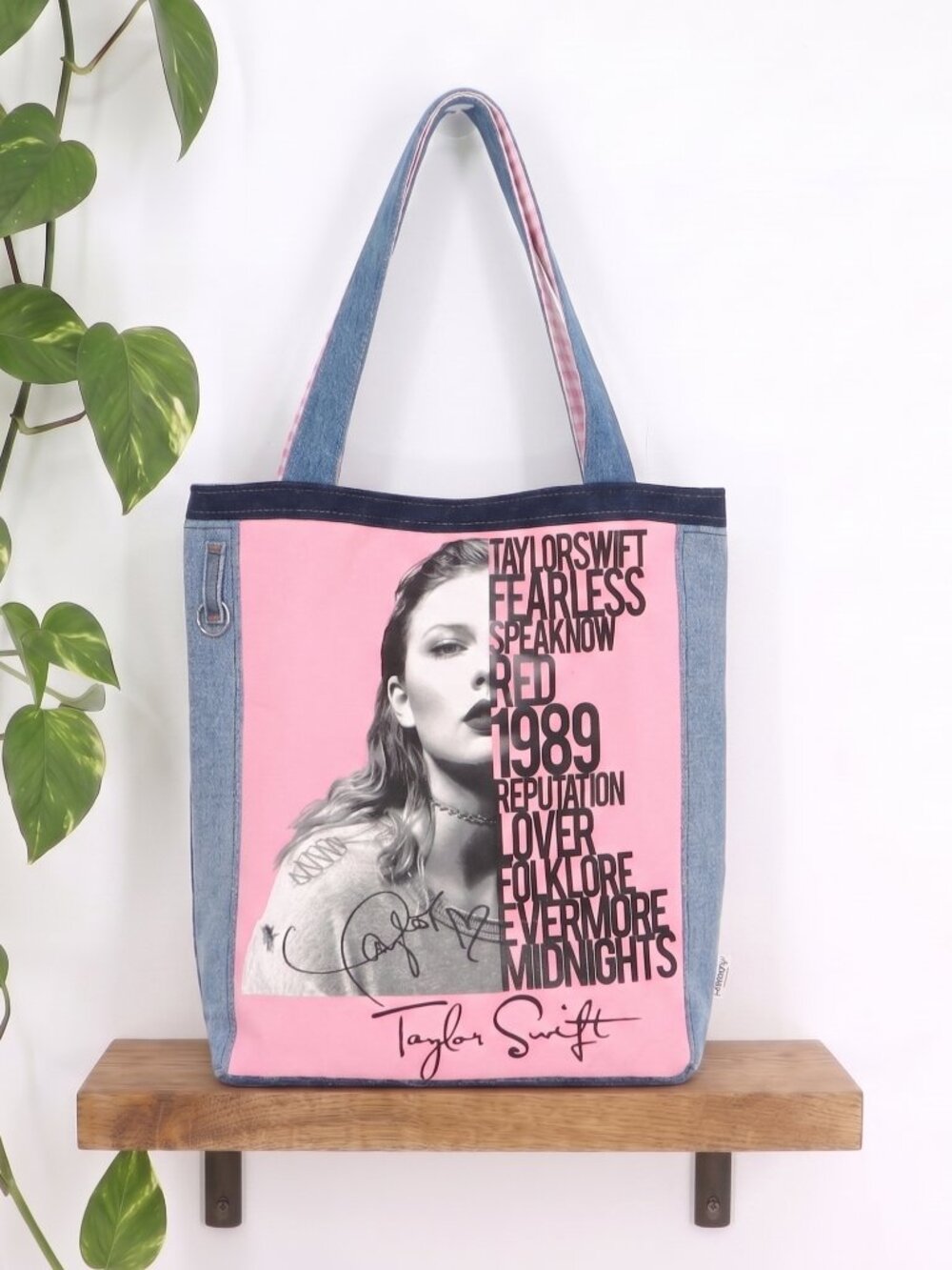 Taylor Swift Albums Eras Denim Tote Bag Upcycled Handmade Pink Gingham